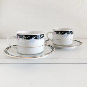 Vintage 80s Black & White Tea Cups & Saucers Art Deco Revival
